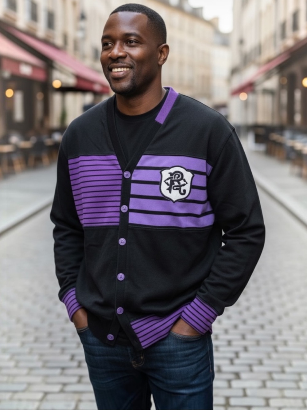 Vintage Rocawear Cardigan Sweater Men’s Purple Black White Y2K Letterman Sz 2XL